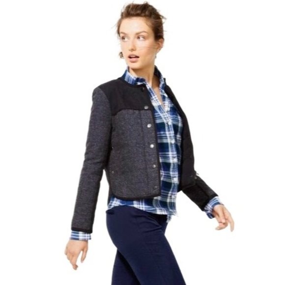 J. Crew Cropped Quilted Herringbone Jacket Size 10 Blue Gray Cotton Blend